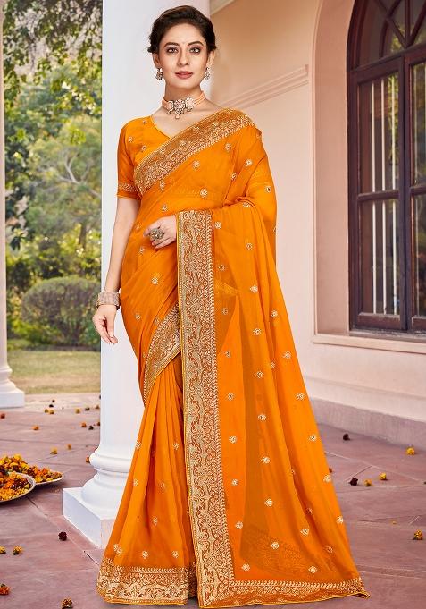 Mustard Embroidered Georgette Saree Set