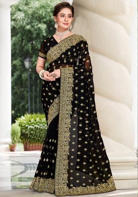 Black Embroidered Georgette Saree Set