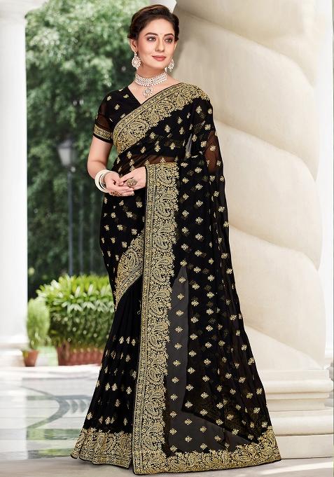 Black Embroidered Georgette Saree Set