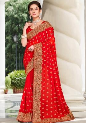 Red Embroidered Georgette Saree Set