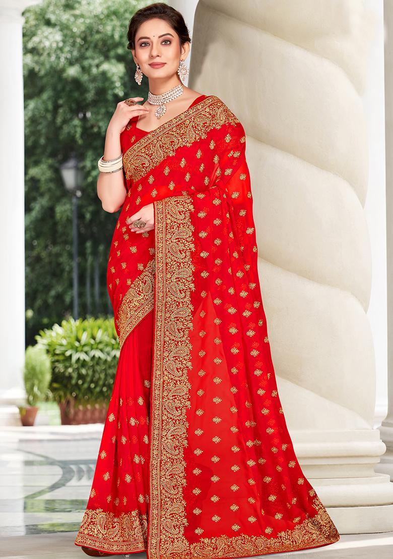 Red Embroidered Georgette Saree Set