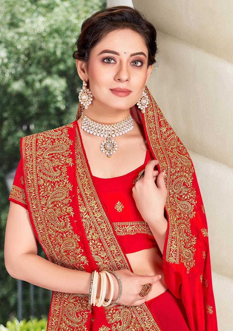 Red Embroidered Georgette Saree Set