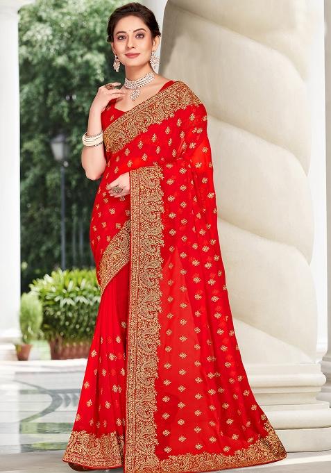 Red Embroidered Georgette Saree Set