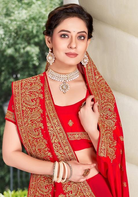 Red Embroidered Georgette Saree Set