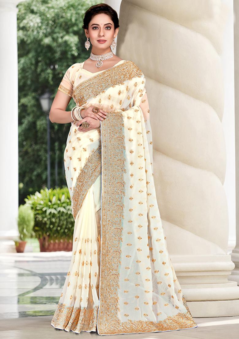 Off White Embroidered Georgette Saree Set - Indya