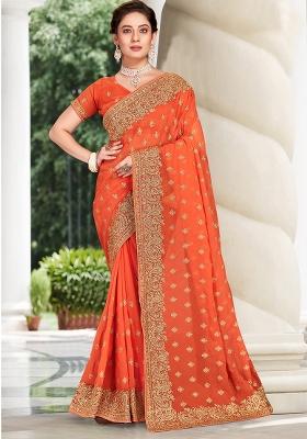 Dusty Peach Embroidered Georgette Saree Set