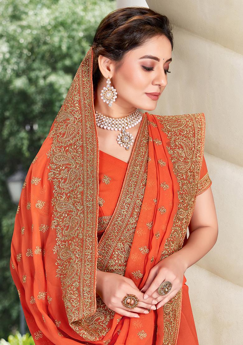 Dusty Peach Embroidered Georgette Saree Set - Indya