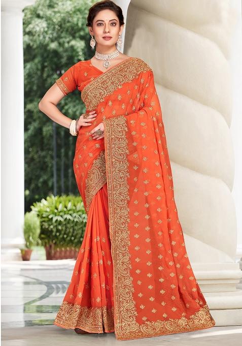 Dusty Peach Embroidered Georgette Saree Set