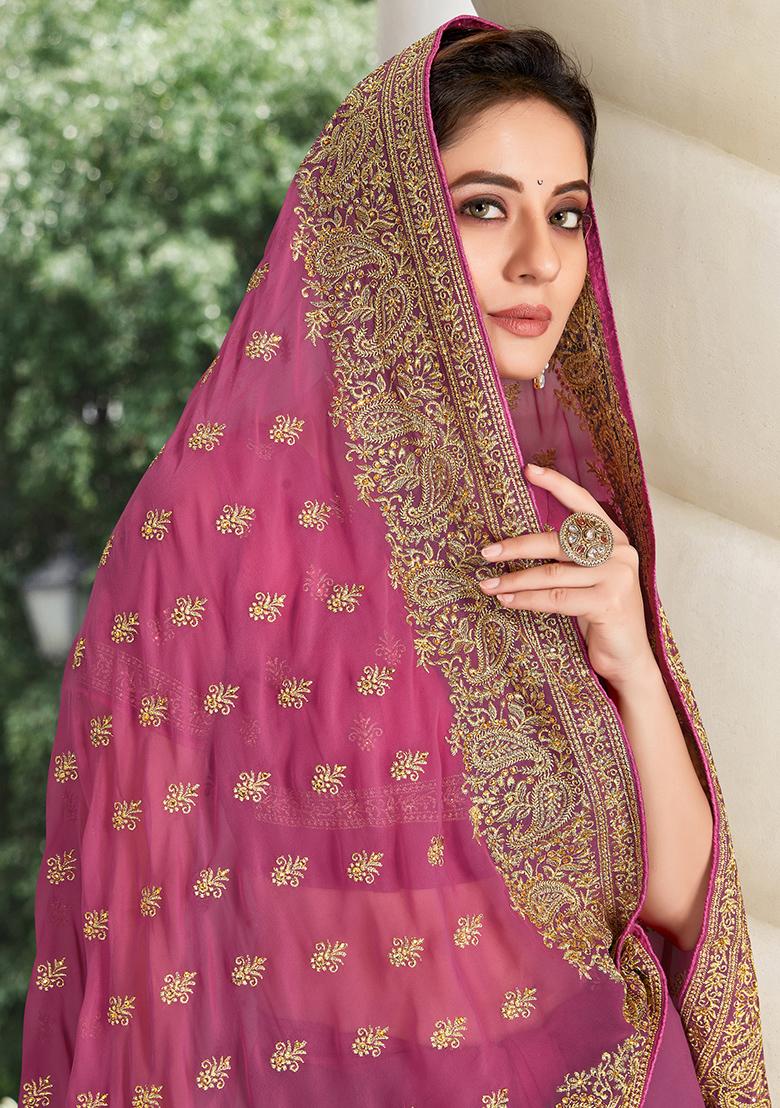 Dusty Gajari Embroidered Georgette Saree Set - Indya