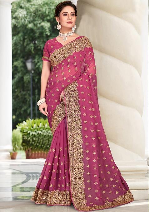 Dusty Gajari Embroidered Georgette Saree Set