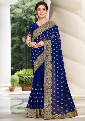 Navy Blue Embroidered Georgette Saree Set