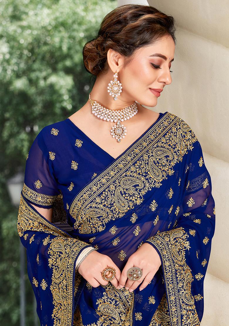 Navy Blue Embroidered Georgette Saree Set - Indya