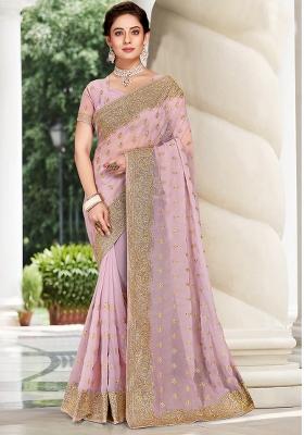 Lavender Embroidered Georgette Saree Set