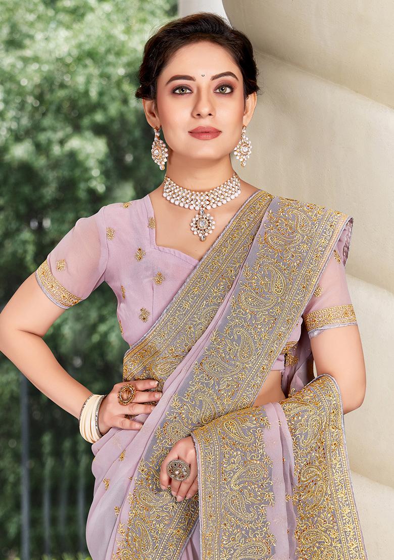 Lavender Embroidered Georgette Saree Set - Indya
