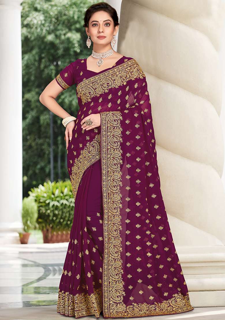 Wine Embroidered Georgette Saree Set - Indya
