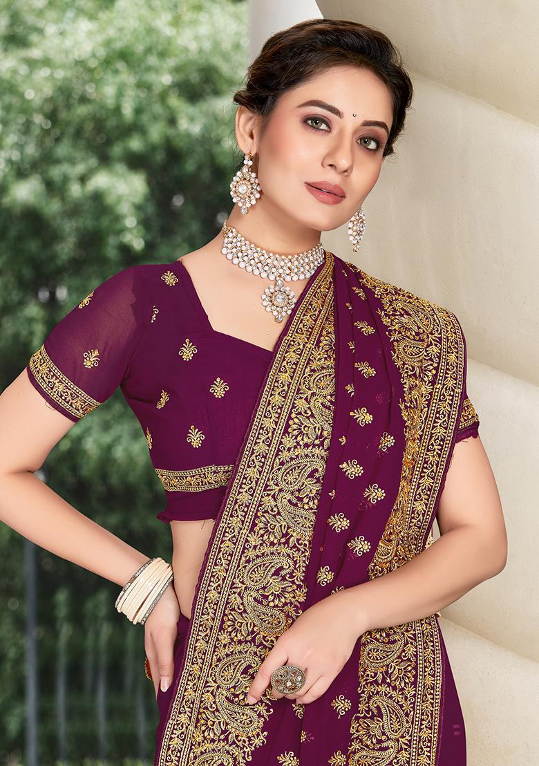 Wine Embroidered Georgette Saree Set - Indya