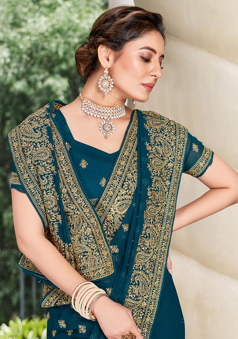 Morpeach Embroidered Georgette Saree Set - Indya