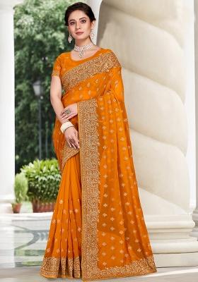 Mustard Embroidered Georgette Saree Set