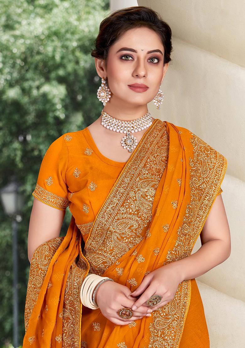 Mustard Embroidered Georgette Saree Set - Indya