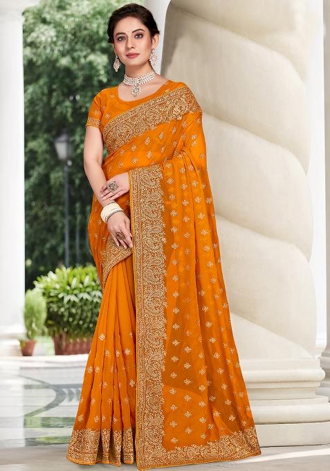 Mustard Embroidered Georgette Saree Set
