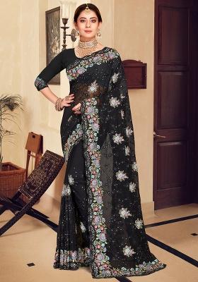 Black Embroidered Georgette Saree Set
