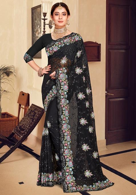 Black Embroidered Georgette Saree Set