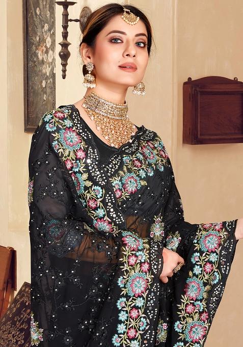 Black Embroidered Georgette Saree Set
