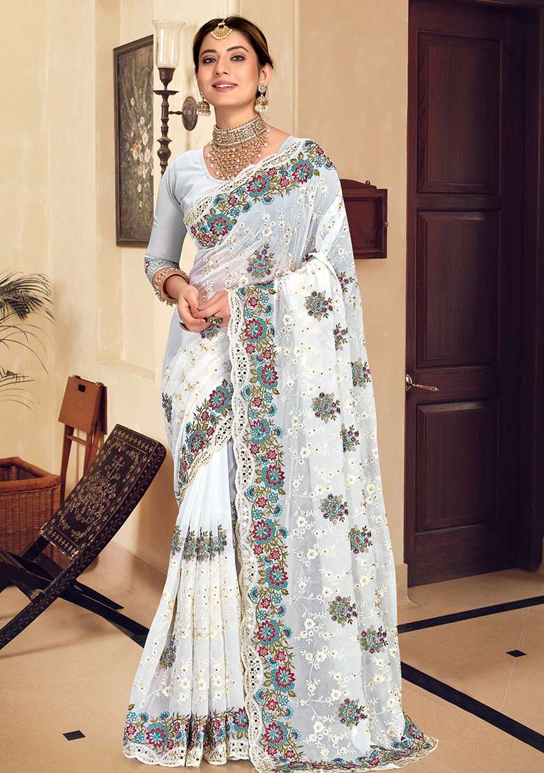 White Embroidered Georgette Saree Set for Diwali and Festive Wear - Indya