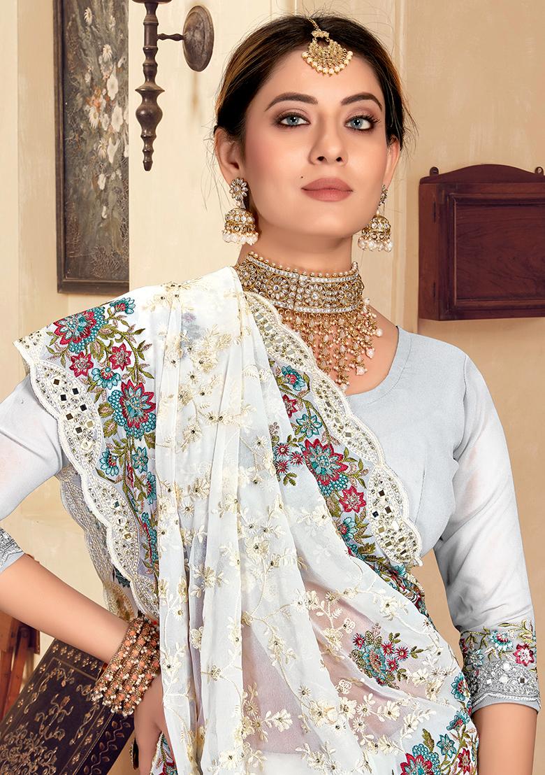 White Embroidered Georgette Saree Set - Indya