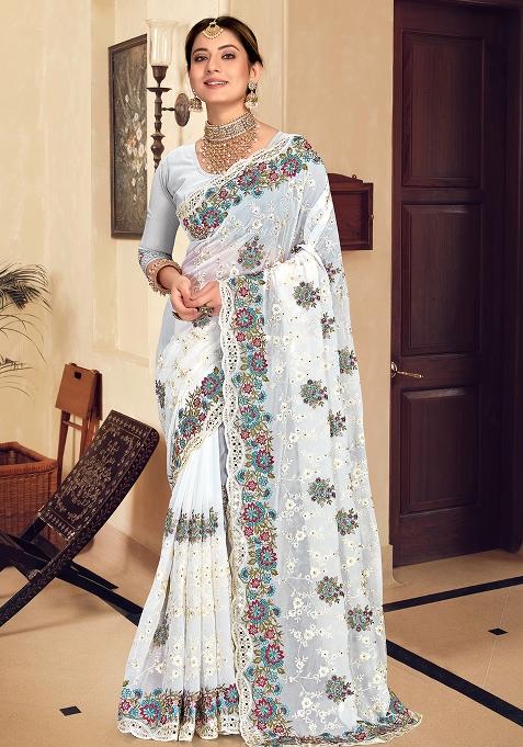 White Embroidered Georgette Saree Set