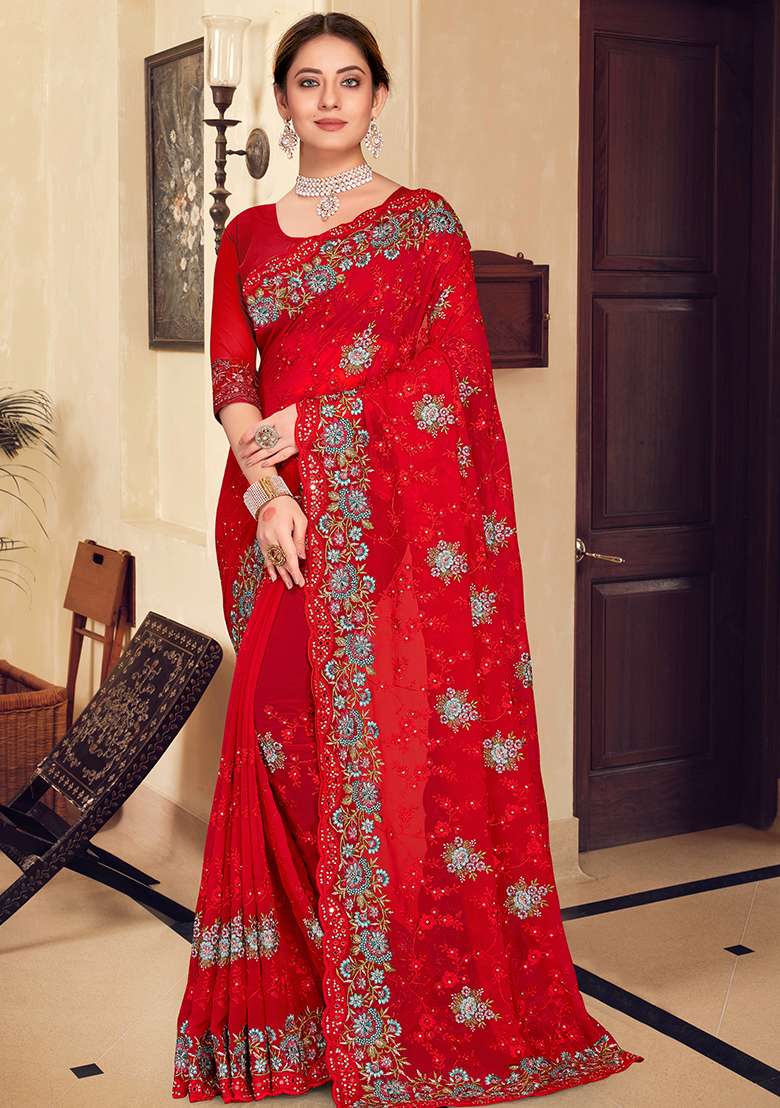 Red Embroidered Georgette Saree Set for Diwali and Festive Wear - Indya