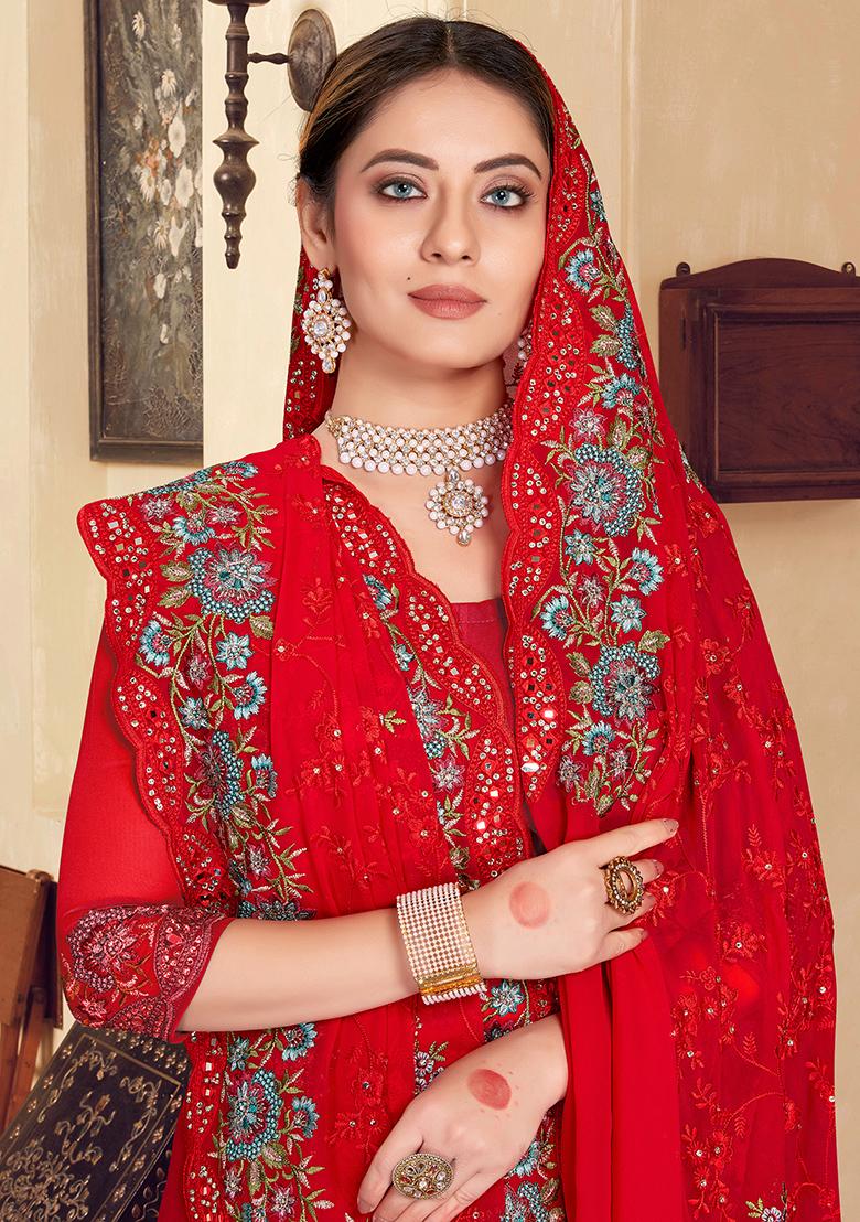 Red Embroidered Georgette Saree Set - Indya