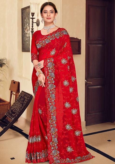 Red Embroidered Georgette Saree Set