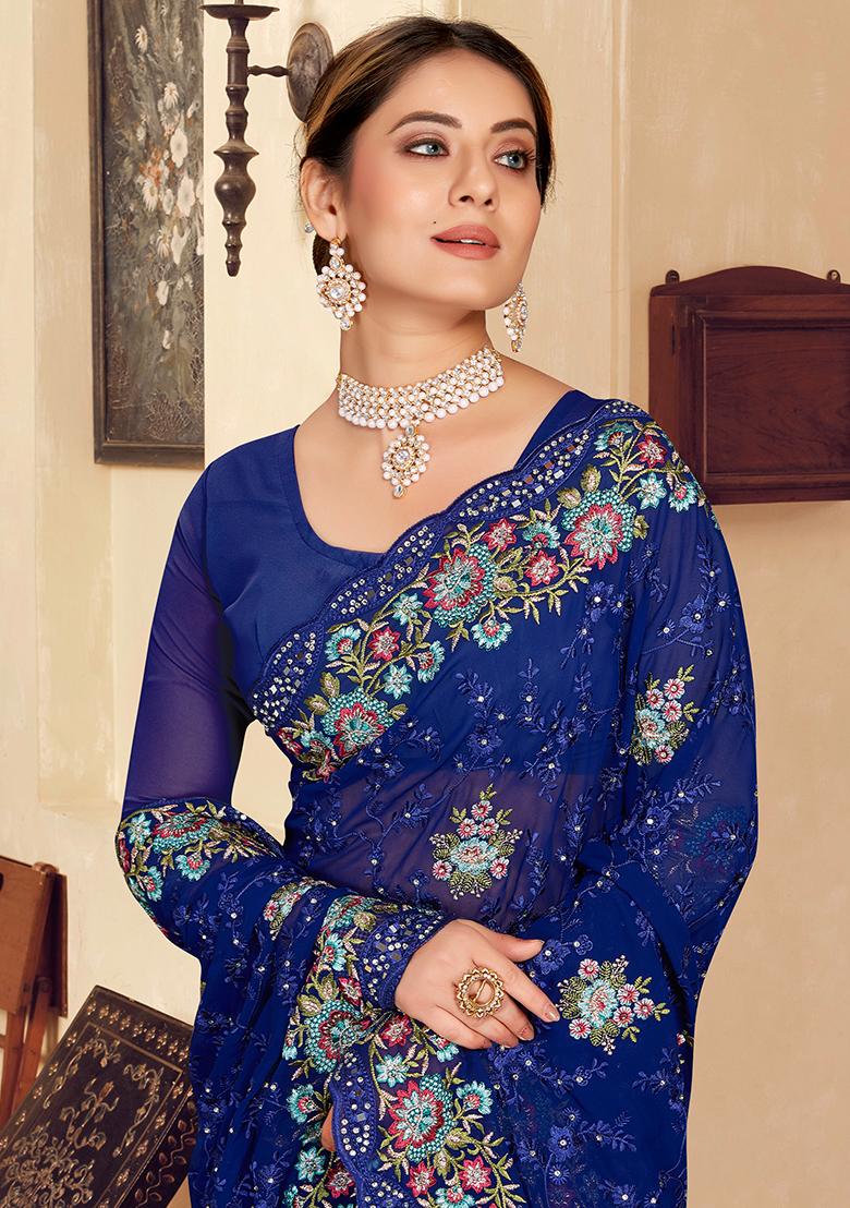 Navy Blue Embroidered Georgette Saree Set - Indya