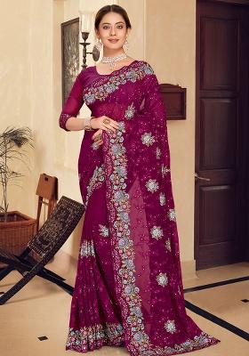 Wine Embroidered Georgette Saree Set