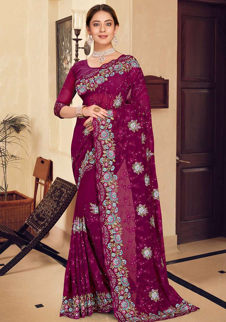 Wine Embroidered Georgette Saree Set for Diwali and Festive Wear - Indya
