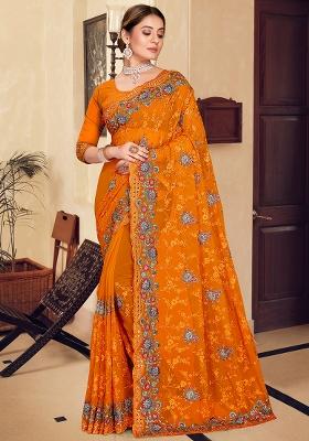 Mustard Embroidered Georgette Saree Set