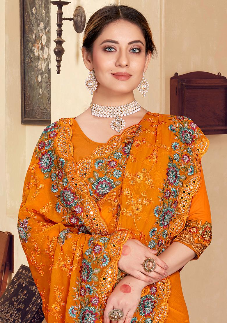 Mustard Embroidered Georgette Saree Set - Indya