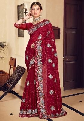 Maroon Embroidered Georgette Saree Set