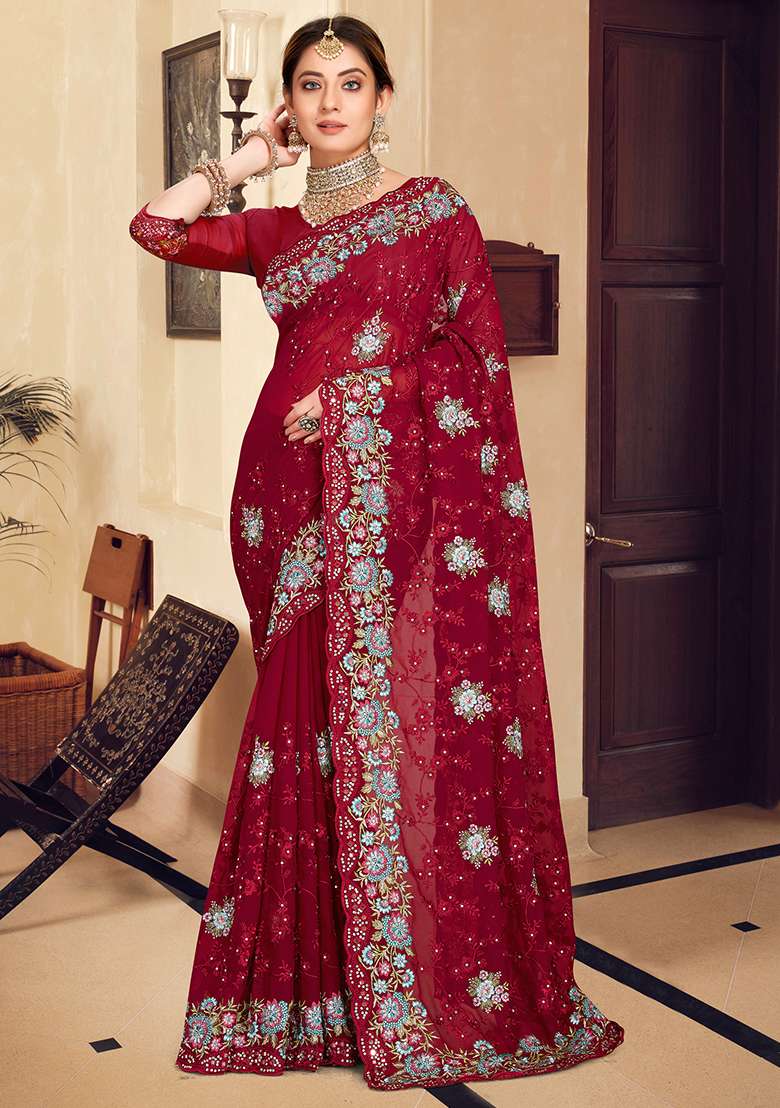 Maroon Georgette Saree Set with Embroidered for Diwali | Wedding & Festive Wear - Indya