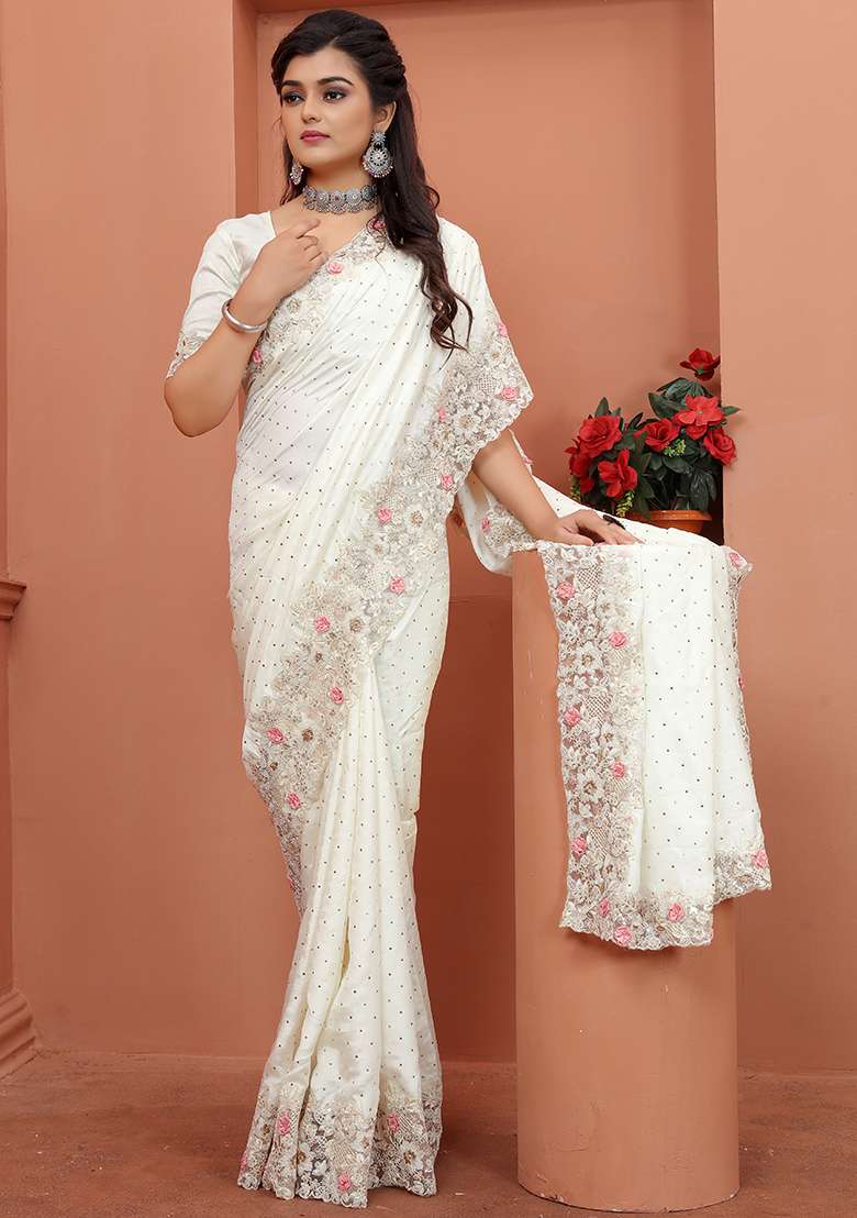 Beige Silk Blend Saree Set with Embroidered for Diwali | Wedding & Festive Wear - Indya