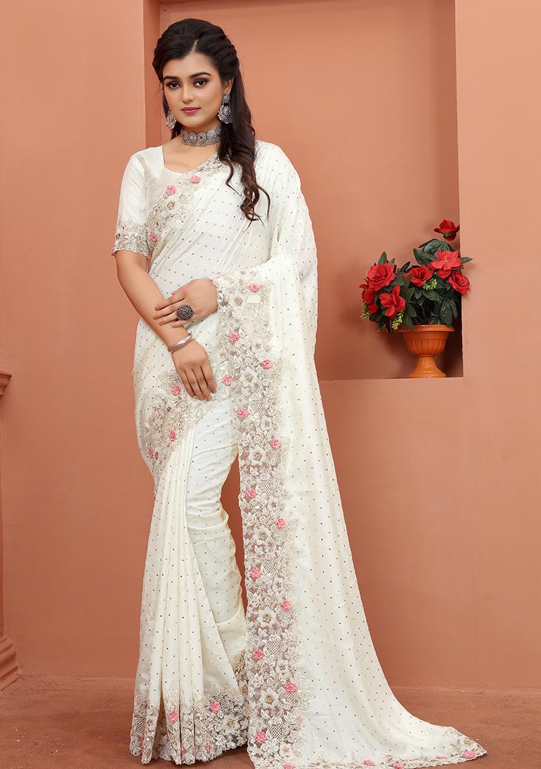 Beige Embroidered Silk Saree Set - Indya