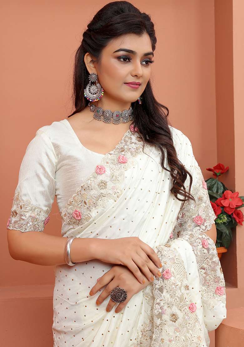 Beige Silk Blend Saree Set with Embroidered for Diwali | Wedding & Festive Wear - Indya
