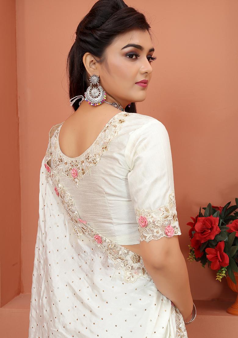 Beige Embroidered Silk Saree Set - Indya