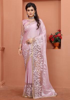 Lavender Embroidered Silk Saree Set