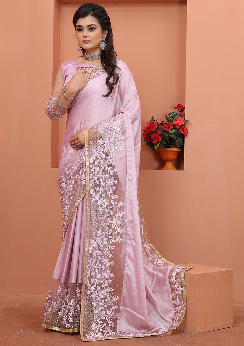 Lavender Embroidered Silk Saree Set - Indya