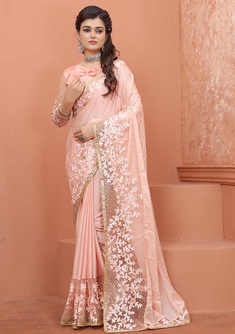 Peach Silk Blend Saree Set with Embroidered for Diwali | Wedding & Festive Wear - Indya