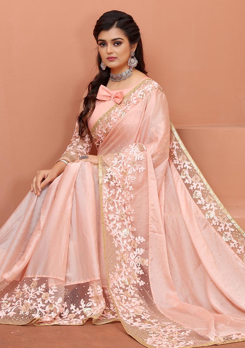 Peach Embroidered Silk Saree Set - Indya