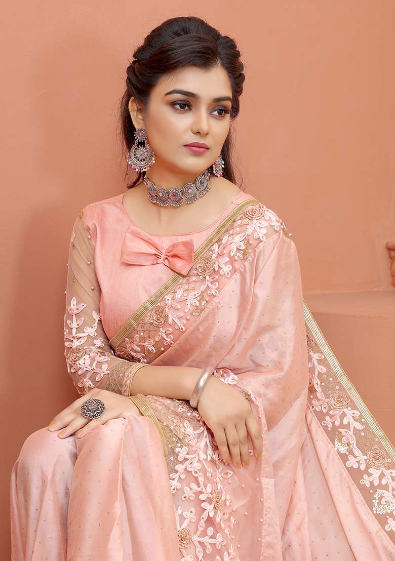 Peach Silk Blend Saree Set with Embroidered for Diwali | Wedding & Festive Wear - Indya