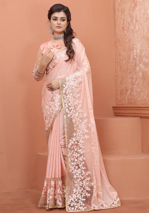 Peach Embroidered Silk Saree Set